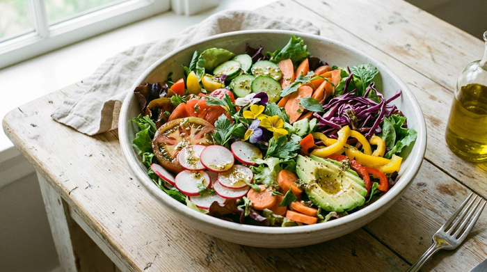 Frischer, bunter Salat mit viel Gemüse auf einem hellen Holztisch