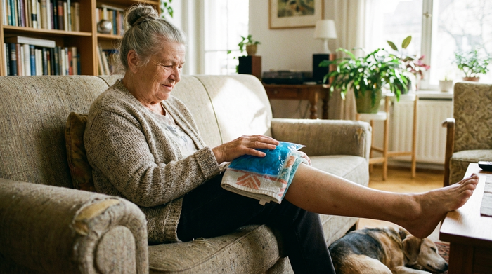Seniorin kühlt ihr Knie mit einem in ein Handtuch gewickelten Kühlpad auf dem Sofa