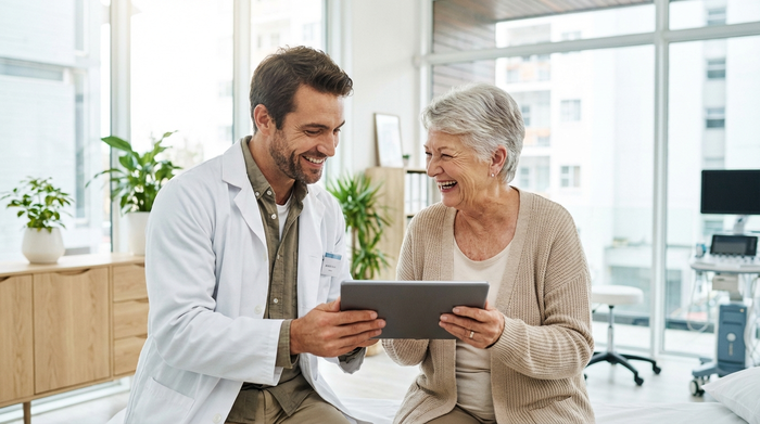 Freundlicher Arzt im Gespräch mit einer lächelnden Seniorin im hellen Behandlungszimmer