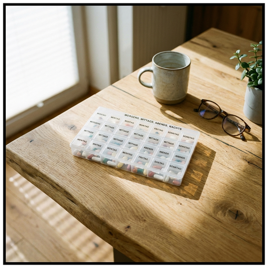 Übersichtlich sortierter Medikamentendispenser auf einem hellen Holztisch