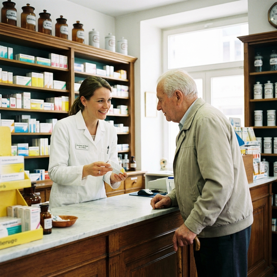 Freundliche Apothekerin berät einen älteren Herrn am Tresen