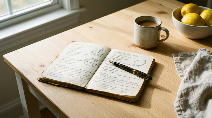 Aufgeschlagenes Notizbuch mit einem Stift auf einem hellen Küchentisch
