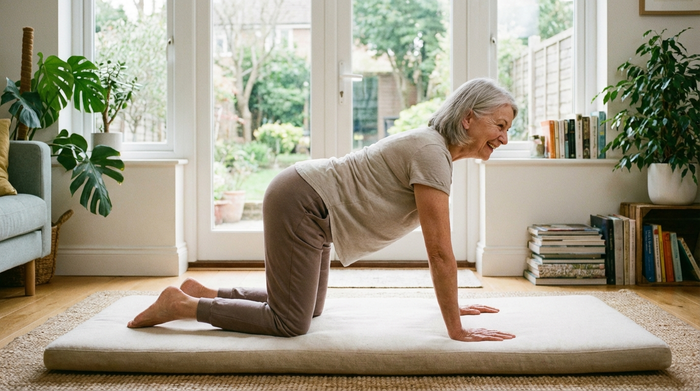 Aktive Seniorin macht schonende Übungen auf einer Yogamatte