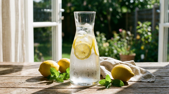 Gläserne Karaffe mit frischem Wasser und Zitronenscheiben