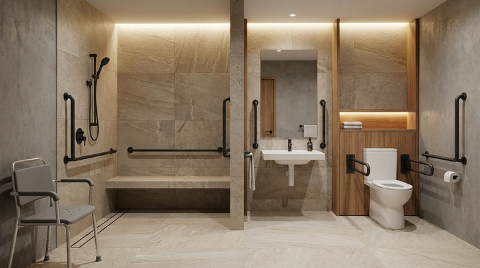 Modernes, barrierefreies Badezimmer mit Haltegriffen und einer bodengleichen Dusche