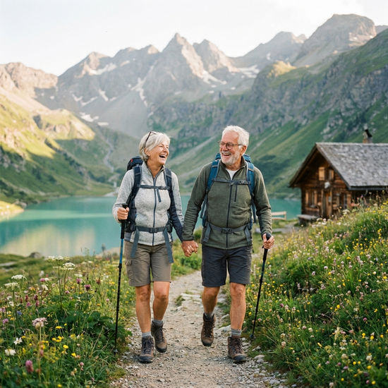 Zwei aktive Senioren beim gemeinsamen Wandern in der Natur
