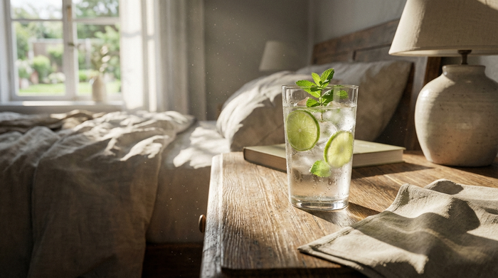 Ein sauberes Glas mit frischem Wasser auf einem hölzernen Nachttisch