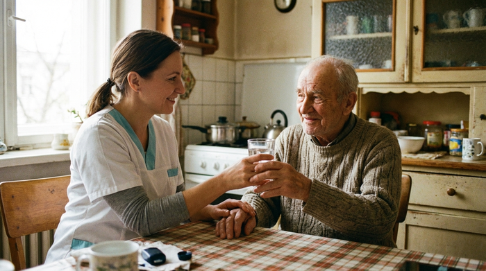 Einfühlsame Pflegerin reicht einem älteren Herrn ein Glas Wasser am Küchentisch