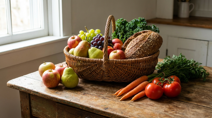 Ein Korb mit frischem Obst, Gemüse und Vollkornbrot auf einem Holztisch