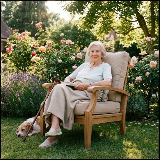 Ältere Dame sitzt entspannt und sicher in einem bequemen Gartensessel