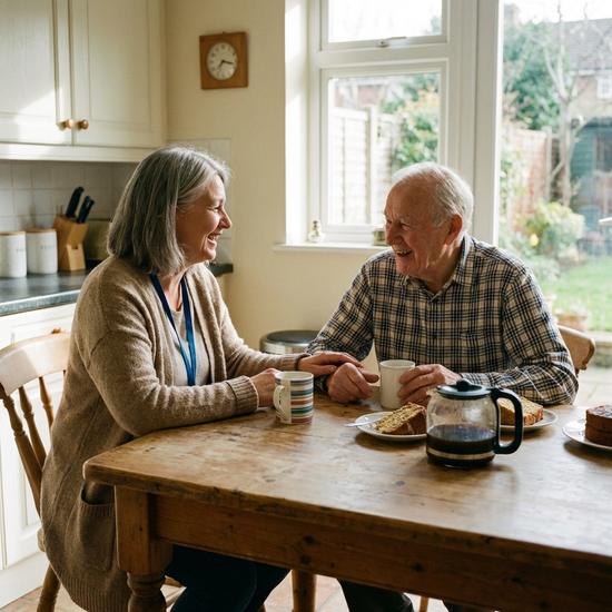 Pflegerin und Senior im vertrauten Gespräch bei einer Tasse Kaffee