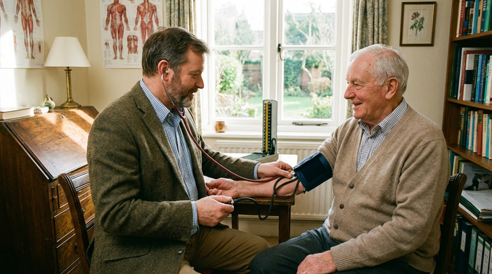 Hausarzt misst den Blutdruck bei einem entspannten älteren Patienten im Behandlungszimmer