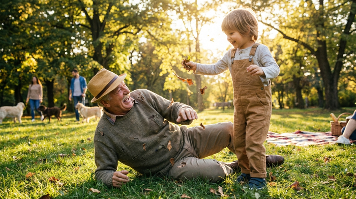 Glücklicher älterer Herr spielt unbeschwert mit seinem Enkelkind im sonnigen Park