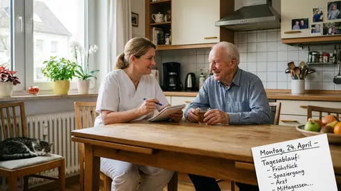 Freundliche Pflegerin und älterer Herr sitzen gemeinsam am Küchentisch und besprechen den Tagesablauf