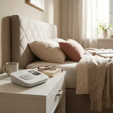 Modernes Hausnotruf-Gerät steht griffbereit auf einem aufgeräumten Nachttisch neben einem gemütlichen Seniorenbett