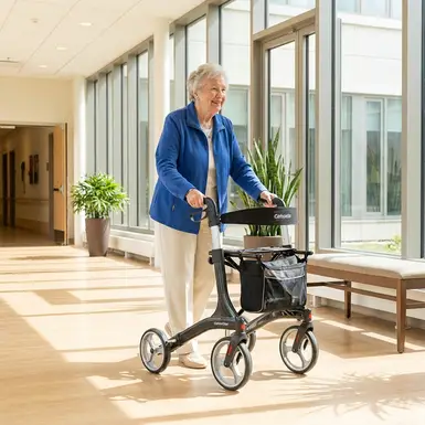 Seniorin geht sicher mit einem modernen Rollator durch einen hellen, barrierefreien Flur