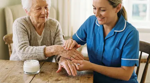 Sanftes Eincremen der Hände einer älteren Dame durch eine fürsorgliche Pflegekraft