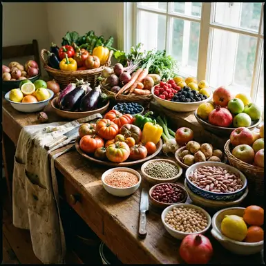 Bunte Auswahl an frischem Gemüse, Obst und Hülsenfrüchten auf einer rustikalen Holzarbeitsplatte