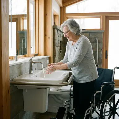 Seniorin wäscht sich gründlich die Hände an einem modernen, barrierefreien Waschbecken