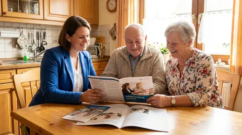 Pflegeberaterin und älteres Ehepaar sitzen am Tisch und betrachten gemeinsam Informationsbroschüren
