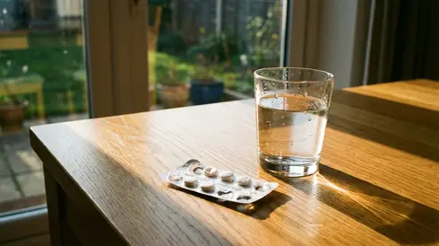 Ein Glas stilles Leitungswasser und eine Medikamenten-Blisterpackung auf einem sauberen Holztisch im Morgenlicht