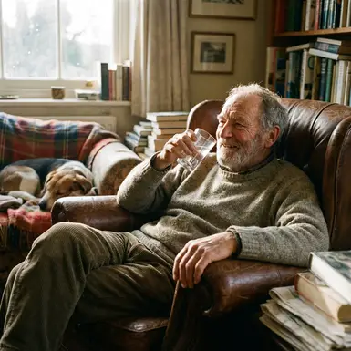 Älterer Herr sitzt entspannt im Sessel und trinkt ein Glas Wasser