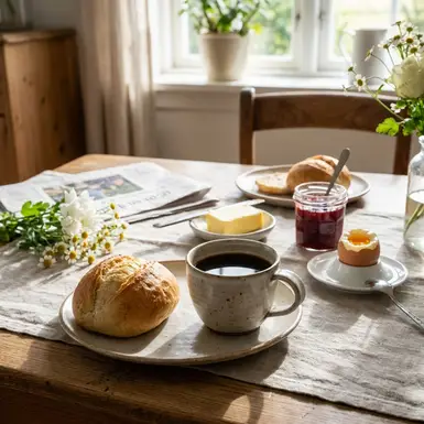 Kaffeetasse und Frühstücksbrötchen auf einem gedeckten Tisch
