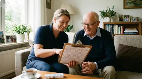 Freundliche Pflegerin und Senior betrachten gemeinsam einen übersichtlichen Medikamentenplan auf einem Klemmbrett