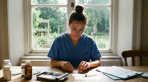 Pflegerin bereitet sorgfältig Medikamente vor einem hellen Fenster vor