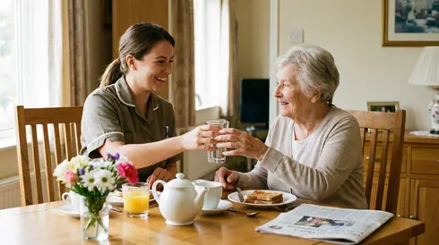 Freundliche Pflegerin reicht Seniorin ein Glas Wasser am Esstisch
