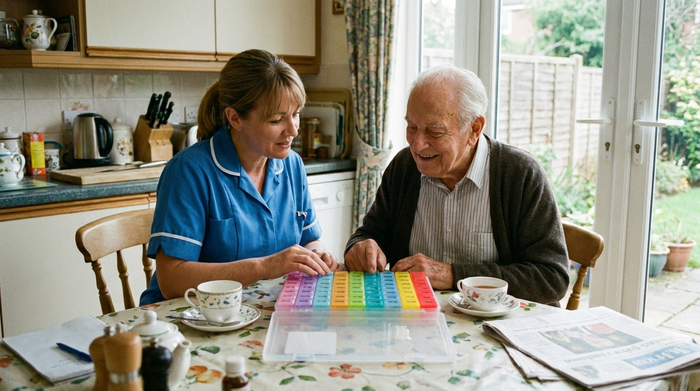 Pflegerin und Senior sitzen am Küchentisch und besprechen gemeinsam eine Medikamentenbox