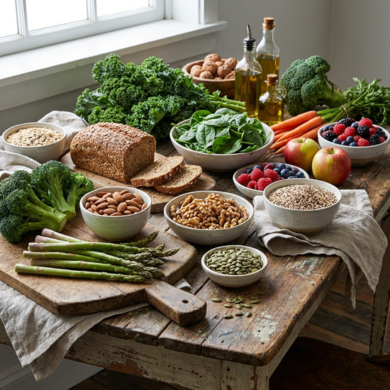 Frische, gesunde Lebensmittel wie grünes Gemüse, Nüsse und Vollkornprodukte auf einem rustikalen Holztisch