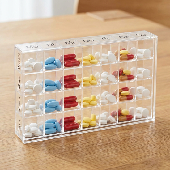 Verschiedene Tabletten und Kapseln ordentlich sortiert in einer Medikamentenbox für eine Woche