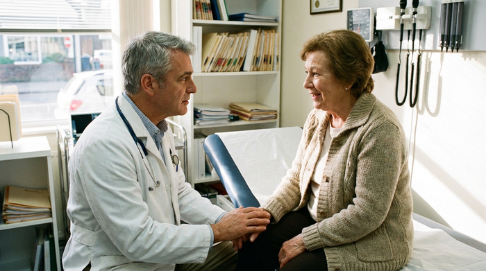 Arzt im weißen Kittel spricht aufmerksam mit einer älteren Patientin in der Praxis