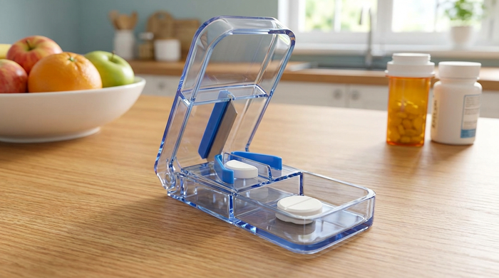 Tablettenteiler mit einer halbierten Tablette