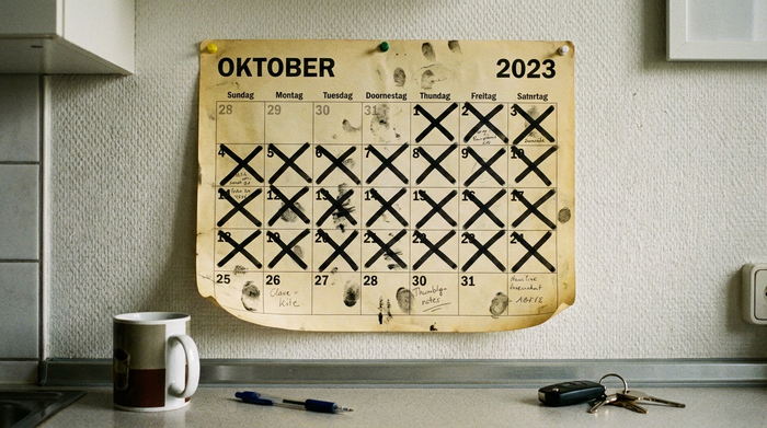 Wandkalender, bei dem jeden zweiten Tag ein Kreuz gemacht wurde