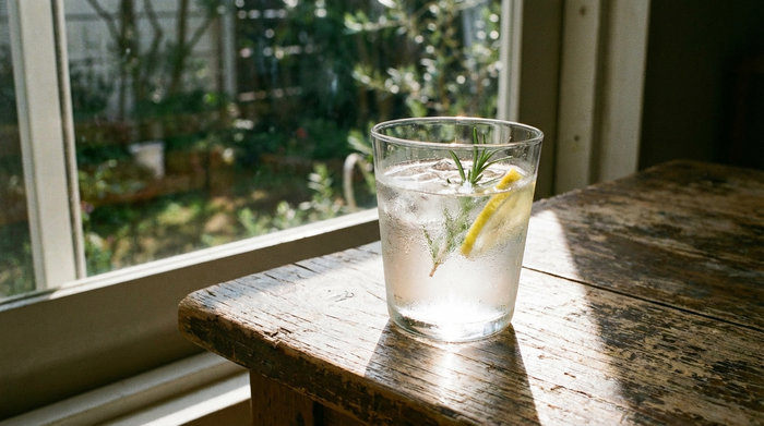 Ein Glas klares Wasser auf einem Tisch