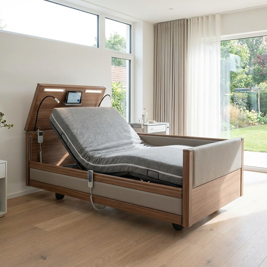 Ein modernes Pflegebett mit stark erhöhtem Kopfteil