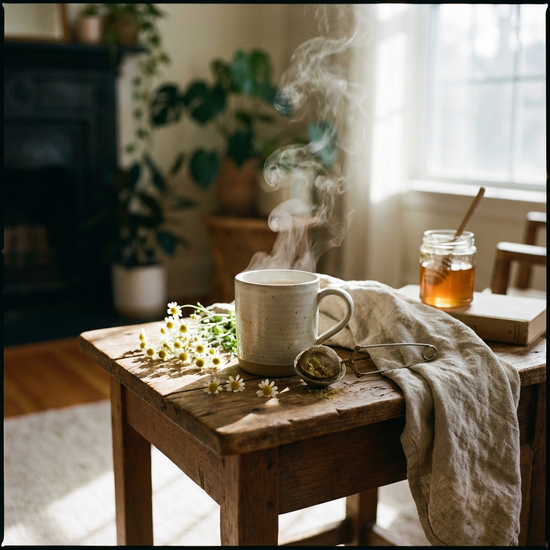 Eine Tasse mit frisch aufgebrühtem Kamillentee auf einem kleinen Tisch