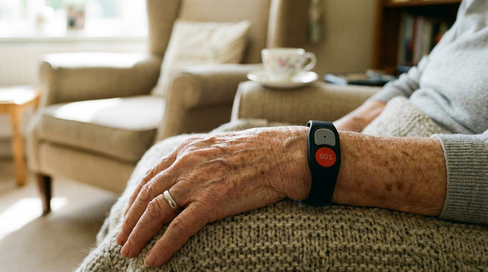 Ein Hausnotruf-Armband am Handgelenk einer älteren Person