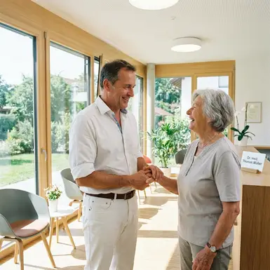 Arzt im freundlichen Gespräch mit einer Seniorin in einer hellen, modernen Praxis