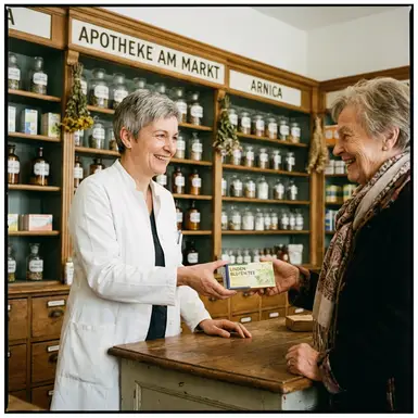 Apothekerin überreicht einer lächelnden Kundin freundlich eine Medikamentenschachtel über den Tresen