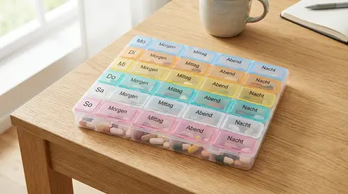 Nahaufnahme einer ordentlich sortierten und gefüllten Medikamentenbox für eine ganze Woche auf einem hellen Holztisch