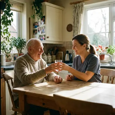 Pflegekraft reicht einem lächelnden Senior ein Glas Wasser am Küchentisch
