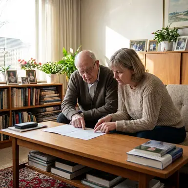 Pflegende Angehörige und Senior betrachten gemeinsam und fokussiert ein Dokument auf dem Wohnzimmertisch