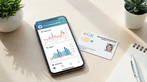 Smartphone mit einer Gesundheits-App neben einer elektronischen Gesundheitskarte auf einem hellen, aufgeräumten Schreibtisch