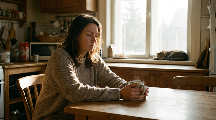 Erschöpfte Frau sitzt nachdenklich mit einer Tasse Kaffee am Küchentisch, weiches Morgenlicht fällt durch das Fenster