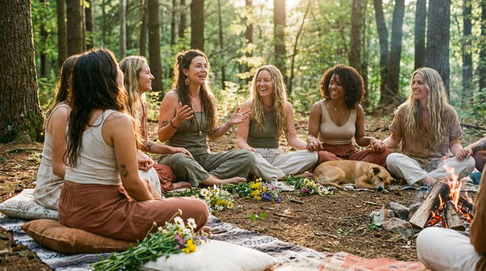 Gruppe von Frauen sitzt vertrauensvoll im Kreis und tauscht sich in entspannter Atmosphäre aus