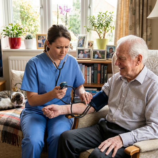 Pflegerin misst konzentriert den Blutdruck eines älteren Seniors