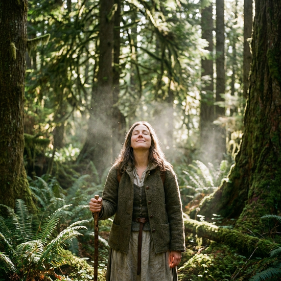 Frau atmet bei einem Spaziergang im Wald mit geschlossenen Augen tief durch